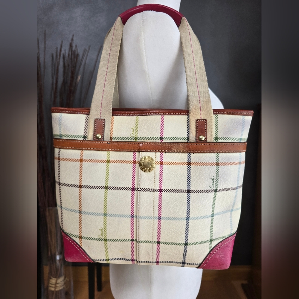 Coach Pink and Cream Plaid Tote - Picture 2 of 15